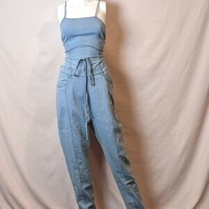 Light Blue Lace Up Back Frayed Hem Overalls